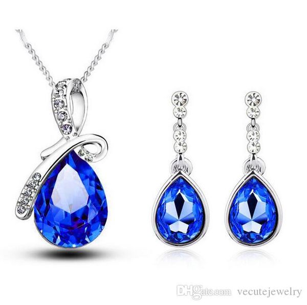 

18k white gold plated waterdrop crystal necklace earrings jewelry sets for women wedding jewelry sets bridal accessories wholesale, Silver