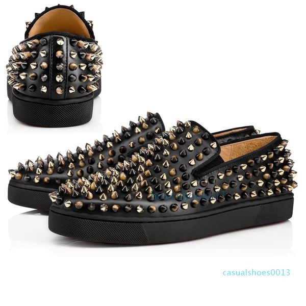 

fashion red bottoms shoes studded spikes flat casual sneakers for men women low cut suede glitter party lovers wedding genuine leather c13, Black