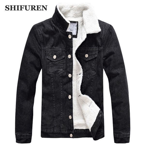 

shifuren men jeans jacket 2019 winter thick warm denim jacket with fleece long sleeve outerwear male black cowboy clothes, Black;brown