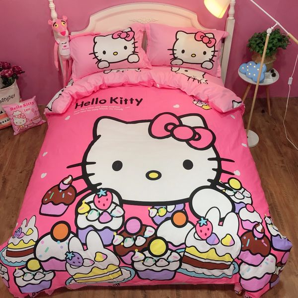 Hello Kitty Printed Bedding Set For Girls Kids Candy Color Cotton