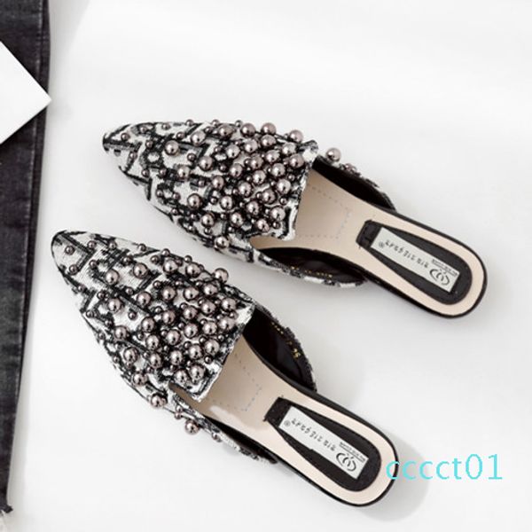 

2019 spring fashion brand designers rivet silk flat leather slipper fashion slip on slides pointed toe loafers mules shoes ct01, Black