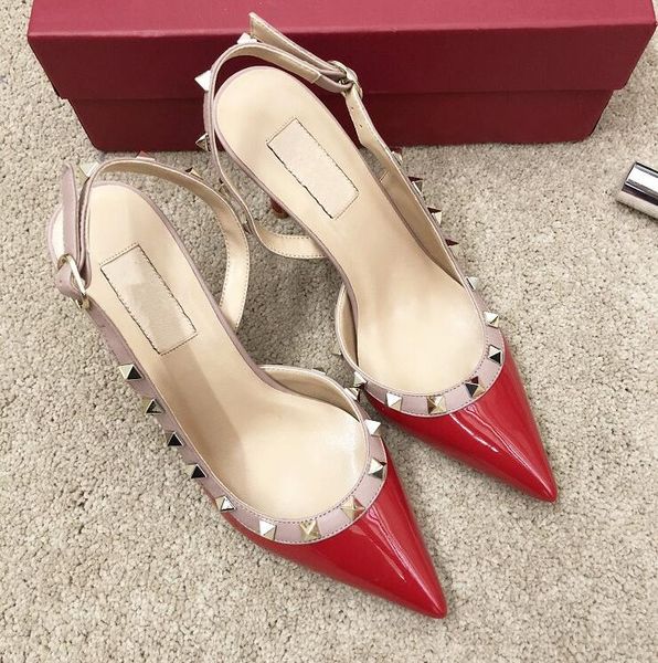 

red Patent leather Hot Sale Pointed Toe 2-Strap with Studs high heels Patent Leather rivets Sandals Women Shoes valentine high heel Shoes