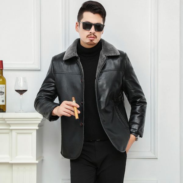 Большой размер 6xL высокого качества мужская натуральная кожа бомбардировщик куртка с меховой воротником из натуральной кожи свинья куртки зимнее теплое пальто мужчины