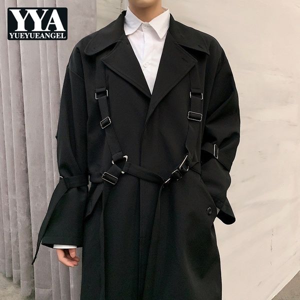 

british qualities mens medium length trench coats personality belt long sleeve single breasted lapel male fashion loose coats, Tan;black