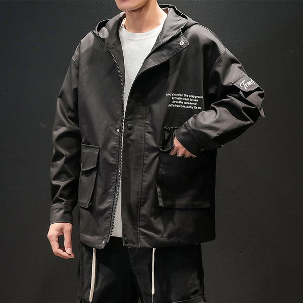 

spring autumn fashion hong kong style large size simple printing casual loose hooded jacket men handsome trend tooling jacket, Black;brown