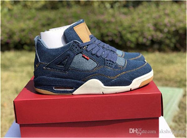 

2019 authentic 4 blue denim white black jean basketball shoes for men iv sports sneakers ao2571-401 with original box