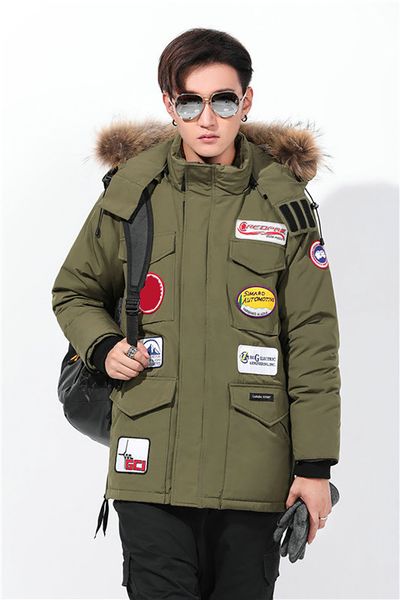 

mens winter jacket canada fashion logo printing brand down jacket outdoor warm parka large fur collar goose down winter coat, Black