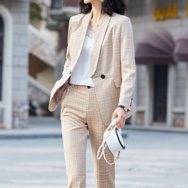 

2020 new spring work office lady pant suits 2 piece sets plaid pants blazer jacket pencil trousers suit women set feminino, White;black