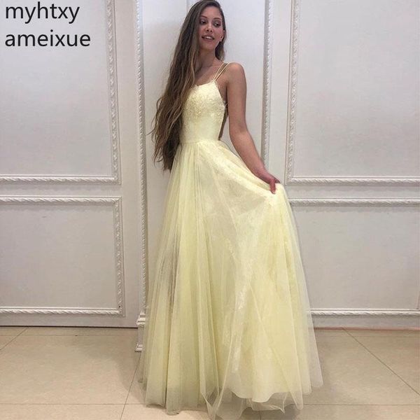 

plus size custom full length a-line event prom dress spaghetti straps crisscross back formal party gowns 2019 yellow lace longo, White;black