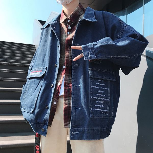 

handsome youthful denim jacket trend letter priting men's outwear casual wild coat male, Black;brown