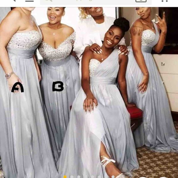 Sier plus size tamanho de dama de honra longa vestidos de miçangas aplicadas no comprimento do piso árabe da africa