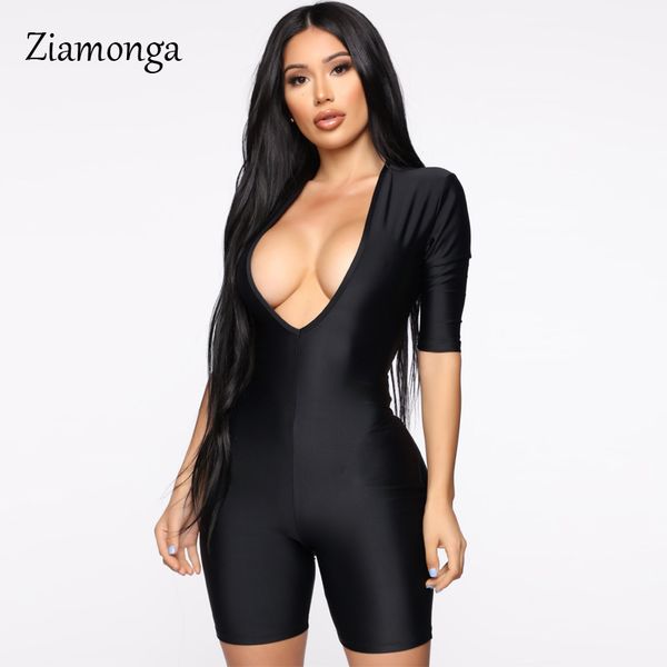 

women's jumpsuits & rompers ziamonga casual bodycon playsuit women deep v neck half sleeve black skinny romper bodysuit female running, Black;white