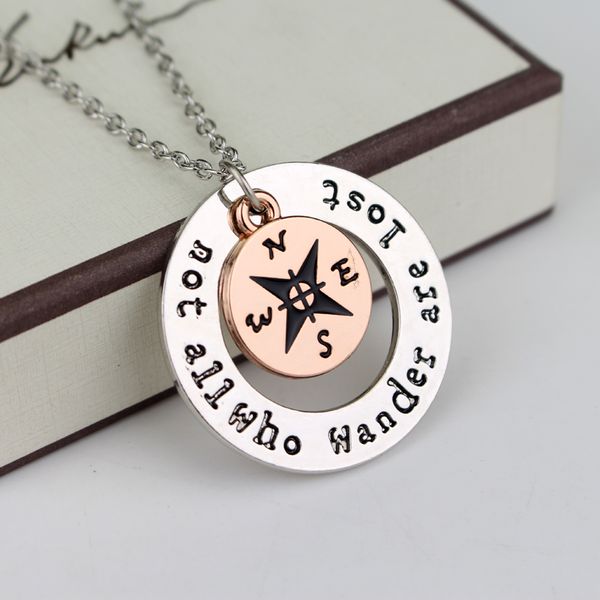 

direction round stamped "not all who wander are lost" compass necklace pendant travel male and female jewelry valentine's day, Silver