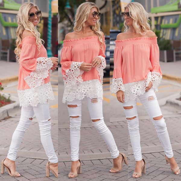 

arrival Women Ladies Summer Blouse 2018 New Summer Lace Patchwork Flare Long Sleeve Off Shoulder Shirt Loose Casual Blouse Tops