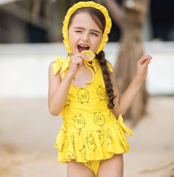 

summer baby girls cartoon swimsuits duck printed siamese kids swimwear fashion new children bows bow suspender spa beachwear y1370, Black