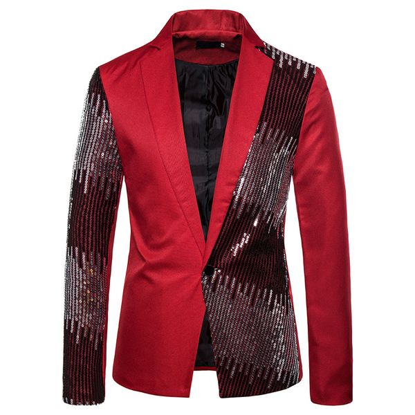 

red sequins dress blazer men slim fit one button suit jacket party wedding groom tuxedo blazers stage singers banquet prom costume homme, White;black