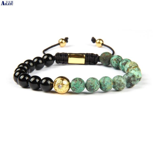 

ailatu new natural african stone micro pave cz macrame bracelet for cool men, Golden;silver