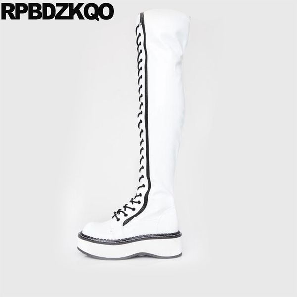 

white platform boots flatform plus size shoes 13 45 women muffin knee high over the harajuku patent leather elevator big 12 44, Black