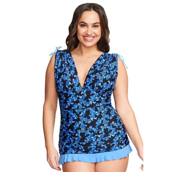 

большие продажи женщины одежда бикини купальники backless холтер плюс размер печать оборок греческой skater ruched tankini, White;black