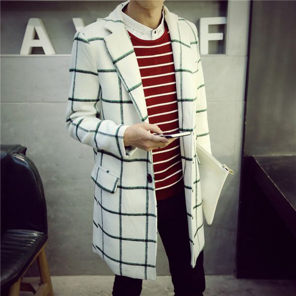 

nice autumn and winter fashionmen's long slim temperament trench coat tide men's casual thick plaid wool blends coat, Black