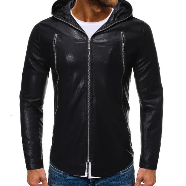 

vogue autumn and winter men casual leather jacket solid color long-sleeved slim hooded leather jaquetas, Black