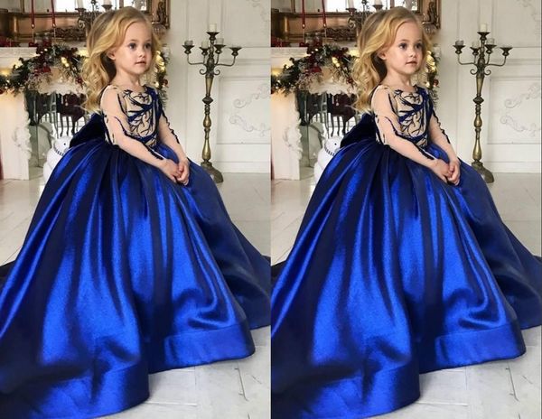 

2022 royal blue long sleeves girls pageant dresses for junior toddler wedding party big bow kids infants first communion dress, White;red