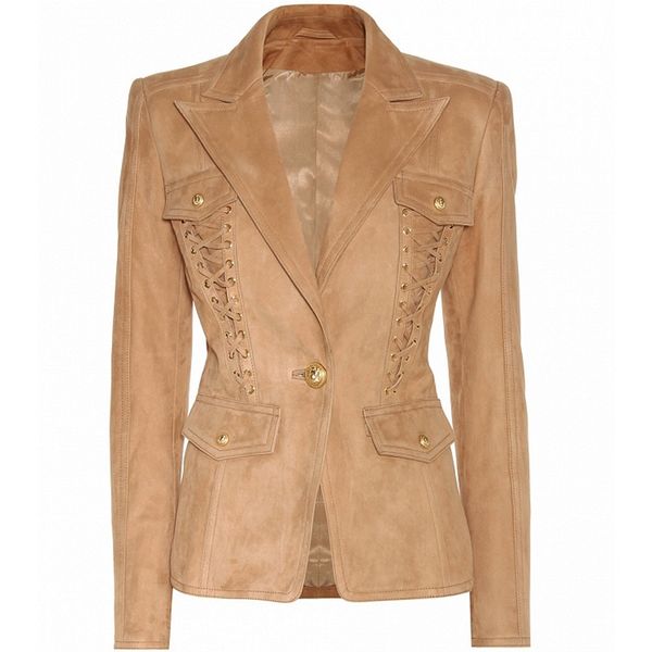 

new runway 2019 autumn winter designer blazer jacket women's metal lion buttons rope lacing suede blazer coat, White;black