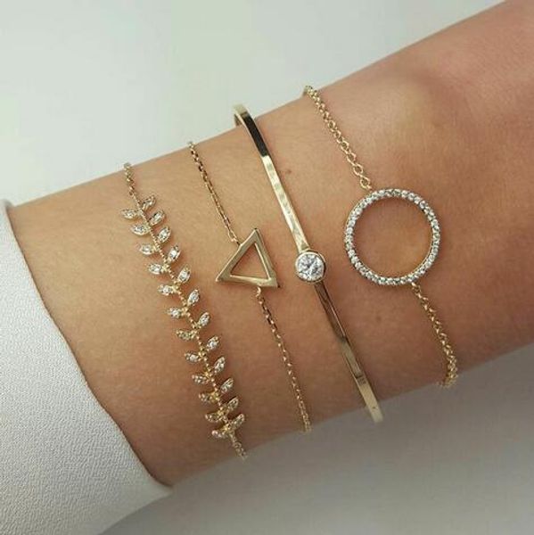 

charm 4 pcs/set women's fashion crystal triangle circle leaf chain gold bracelet set kiss wife party wedding jewelry, Black