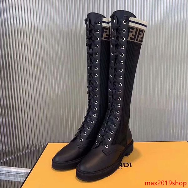 

luxurysell нарасхват newfendiautumn кожи шитье f letter high boots женщина с ремешками диких носков сапог flat knit эластичных сапоги