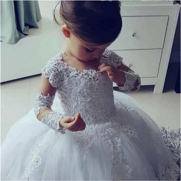 

cute jewel neck lace flower girls dresses long sleeves tulle lace beaded first communion dresses girls pageant gowns with cover fg1314, White;blue