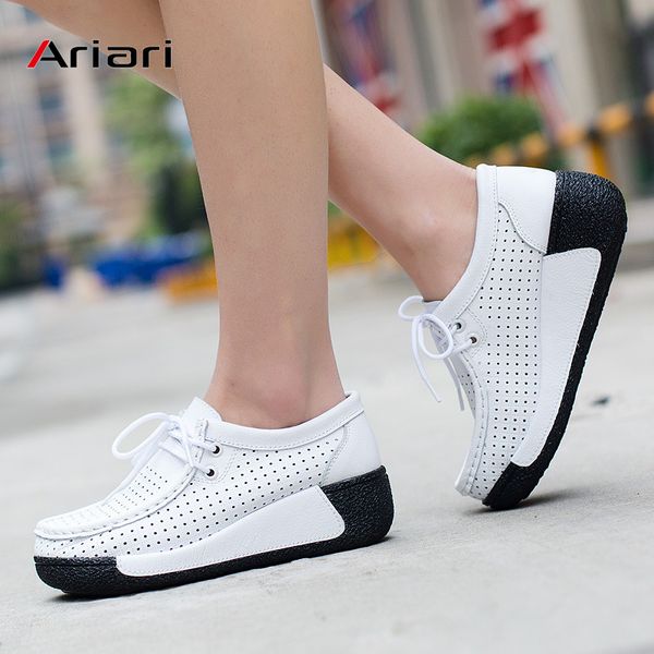 

women casual shoes women flat platform sneakers breathable hollow out wedges vulcanize shoes woman lace up fashion leather, Black