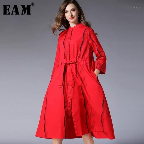 

eam] 2019 new spring summer stand collar long sleeve black striped split joint loose big size dress women fashion tide jl6041, Black;gray