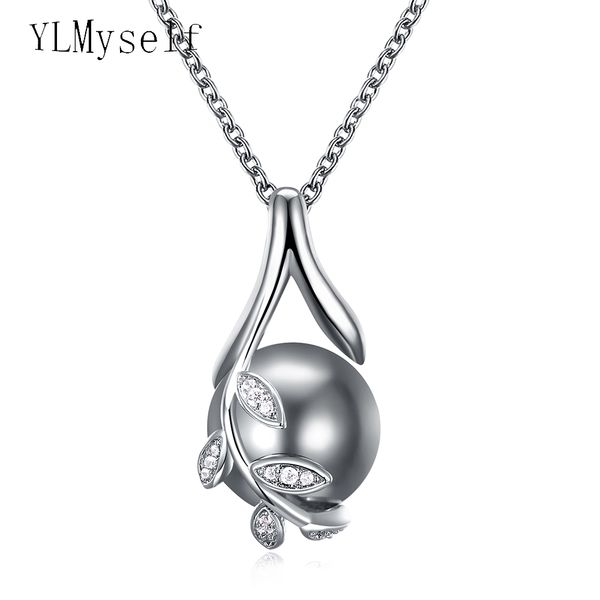 

dropshipping charms suspension silver and rose gold color grey pearl & cubic zircon crystal jewelry pendant necklace for women