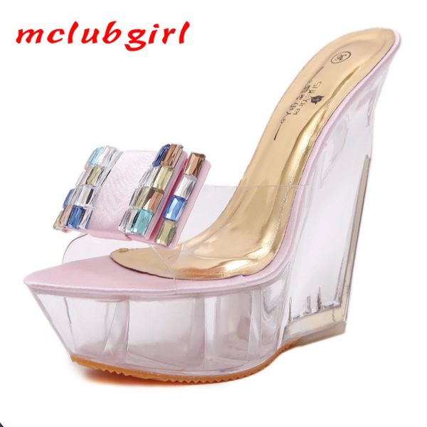 

mclubgirl women's rhinestone crystal wedge heel slippers waterproof platform non-slip thick bottom heel sandals lfd-126-33, Black