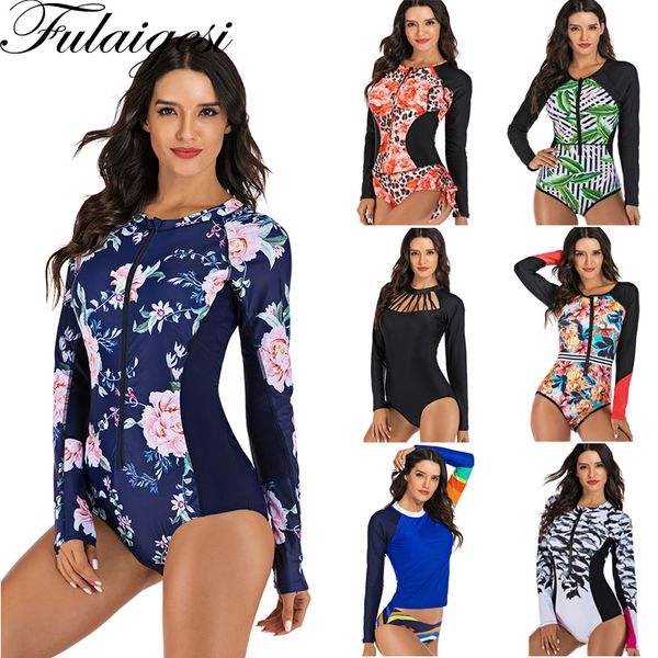 

купальник с длинным рукавом rashguard one piece женщины серфинг купальник спорт молния дайвинг плавание боди цветочный принт пляжная одежда