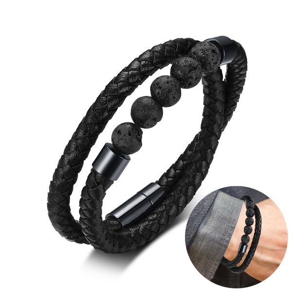 

men's genuine wrap braided leather bracelet with volcanic lava stone beads bracelets in black smart magentic clasp 17.3"(44cm