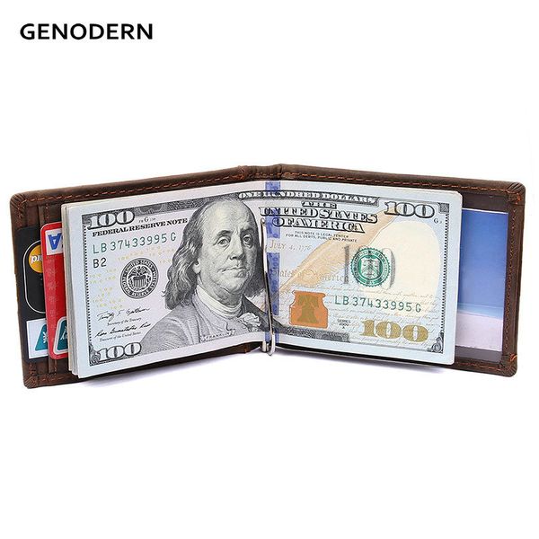 

genodern vintage crazy horse leather money clip slim purse for men genuine leather rfid blocking mini money clip, Black