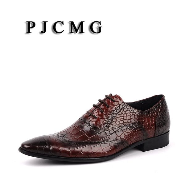 

pjcmg fashion black/red men dress shoes breathable lace-up crocodile pattern dress genuine leather oxford shoes