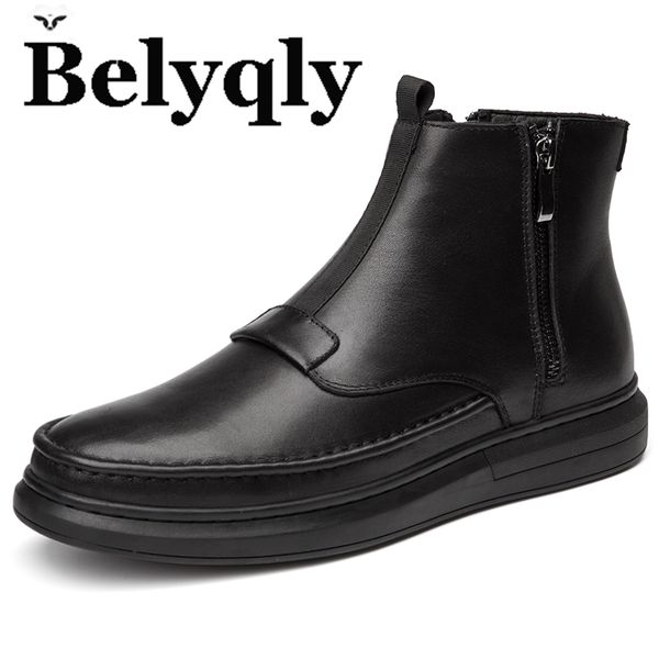 

belyqly ankle boots for men winter high short plush genuine leather snow boots handmade deign style side zipper male, Black