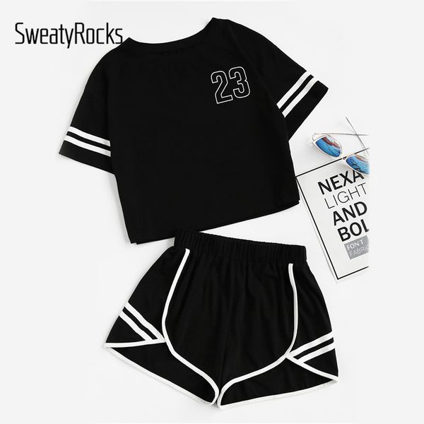 

sweatyrocks crop varsity t-shirt and contrast notch shorts set women round neck short sleeve striped sets summer two piece sets, White