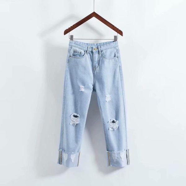 

2018 summer high-waisted crimping jeans women's loose pants straight-cut loose-fit korean-style students-style revers capri, Blue