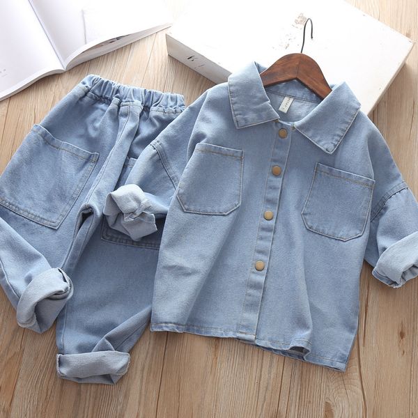 

girls boys denim suit baby clothing set 2 pieces shirts + pants jeans outfits children causal clothes kids tracksuit for teens t200414, White