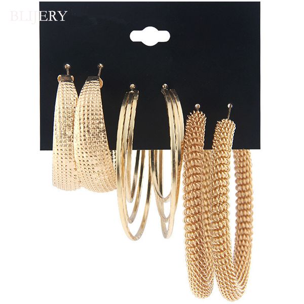 

blijery 3 pairs/set classic oversize gold color metal hoop earrings set for women irregular big circle earring statement jewelry, Golden;silver
