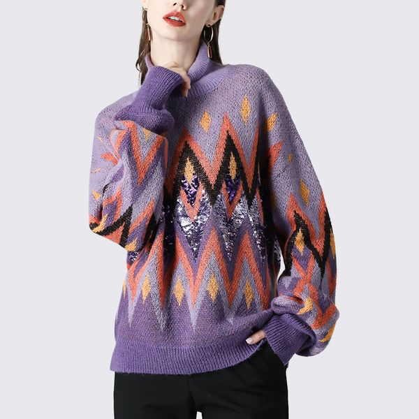 

fashion high neck women sweater sequined knitted pullovers 2019 ladies winter warm mohair wool sweaters loose plus size casual, White;black