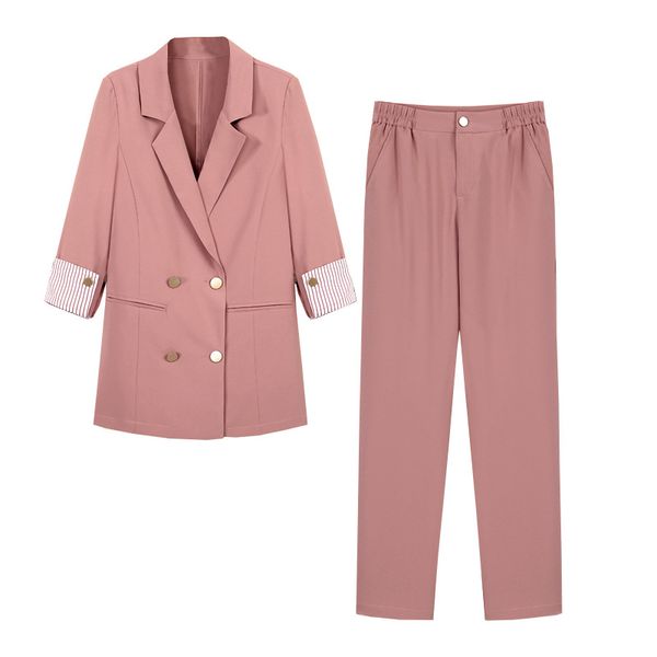 

striped sleeve double breasted women pant suits notched blazer & high waist pant solid ol style female 2 pieces set 2019 summer, White;black