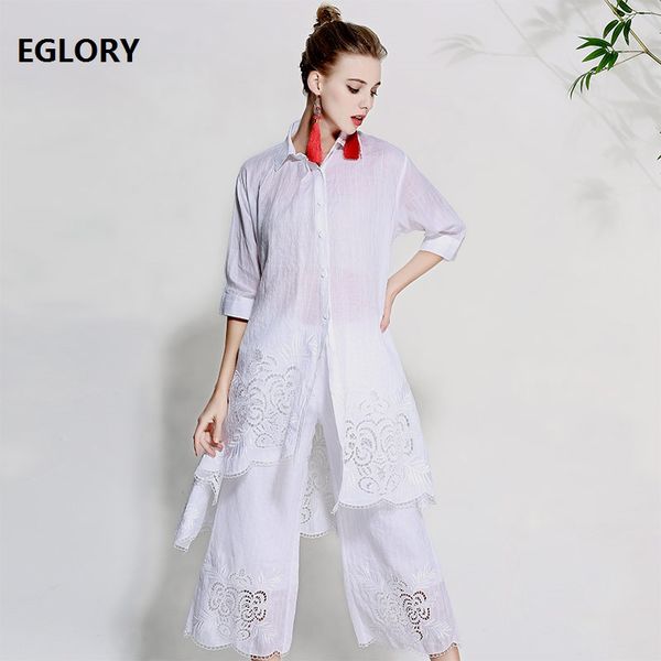 

grade designer clothing suits women hollow out embroidery long shirt dress+calf length linen pants & capris set female xxl, White