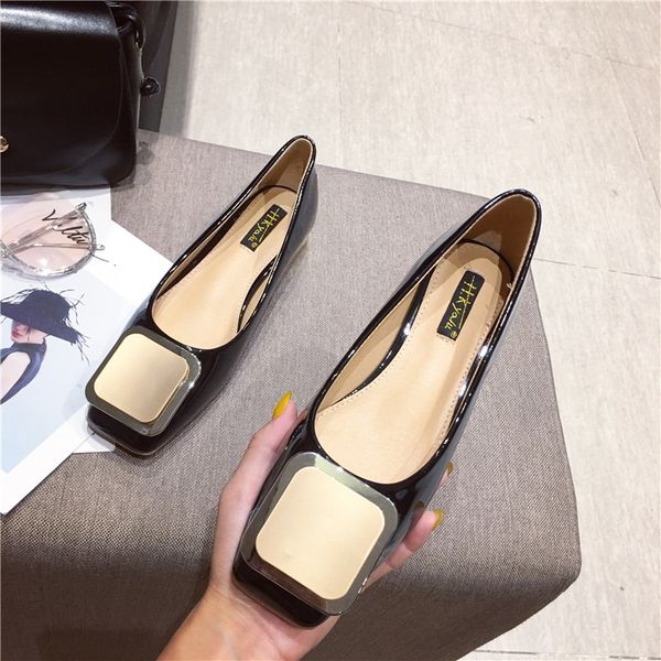 

wedding shoes female footwear patent leather ballet flats buckle shallow mouth round toe casual sneaker all-match women's heels, Black