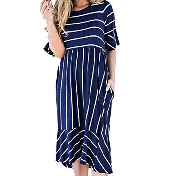 

summer women's striped print short sleeve dress loose skirt with pocket, Black;gray