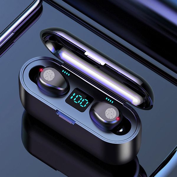 

wireless earphone bluetooth v5.0 f9 tws headphone hf stereo earbuds led display touch control 2000mah power bank headset with microphone dhl