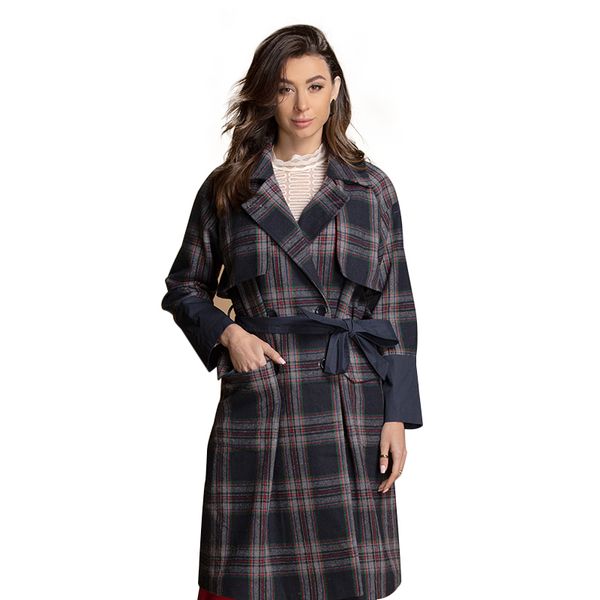 

2019 new long plaid coat, thin tweed coat with belt women woolen jacket, Black